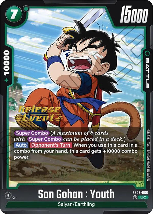 This trading card, titled "Son Gohan: Youth (FB03-066) [Raging Roar Release Event Cards]" from the Dragon Ball Super: Fusion World series, features a young Son Gohan. He is depicted in an orange outfit, smiling and holding a sword. The card details include "+10000," "15000," and "Super Combo." It has green and black borders with unique card codes at the bottom.