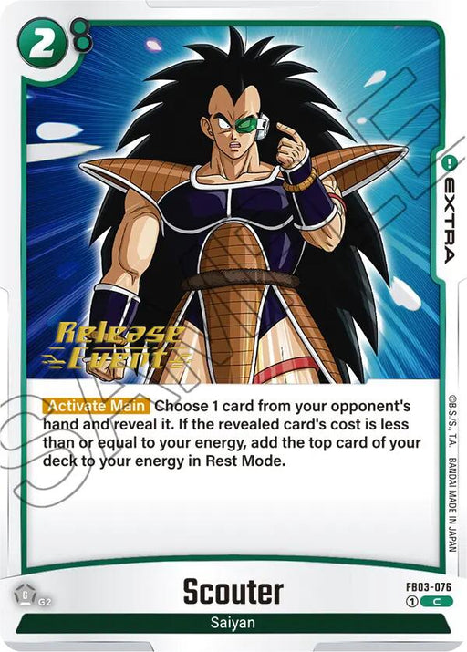 The "Scouter" card from the Dragon Ball Super: Fusion World series, part of the Raging Roar Release Event Cards, portrays a Saiyan warrior in armor with long hair and wearing a scouter. This card, with an energy cost of 2 and bordered in green, enables the player to reveal an opponent's card, potentially adding a Raging Roar Release Event Card to their own deck.