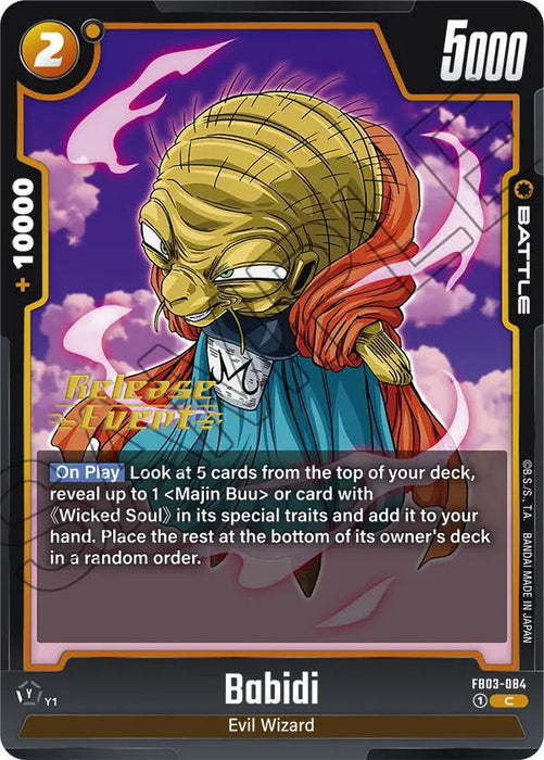 A trading card from the Dragon Ball Super: Fusion World collection features Babidi (FB03-084) [Raging Roar Release Event Cards], labeled as an "Evil Wizard." He has a yellow, wrinkled face with a large head and is dressed in a blue robe over a red outfit. The card displays the number "2" in the top left corner and "5000" at the top right. Below, it contains text detailing his powers from the Raging Roar Release Event Cards.