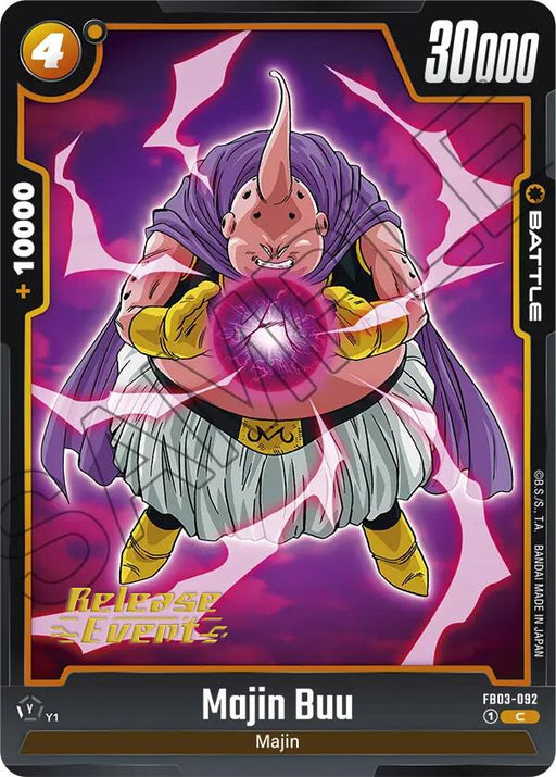 Introducing the Majin Buu (FB03-092) [Raging Roar Release Event Cards] from Dragon Ball Super: Fusion World. This Battle Card showcases Majin Buu in a striking pose, adorned with a white cape, yellow boots, and gloves. He holds a radiant pink energy sphere in his hands. The card features impressive stats: 30,000 power and a cost of four, along with symbols indicating special abilities—making it an ideal addition for the Raging Roar Release Event!