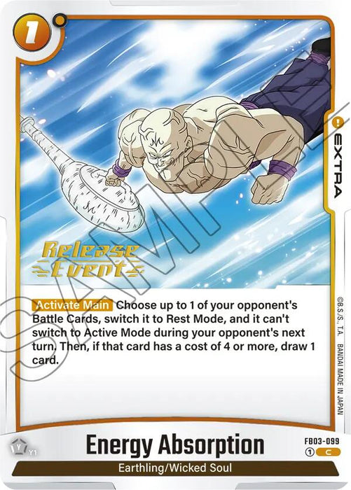 The "Energy Absorption" trading card from the Dragon Ball Super: Fusion World series features a light-purple-skinned character with white hair reaching forward amidst a swirling vortex of energy. This "Extra" card, part of the 2024-08-09 Raging Roar Release Event Cards, has an energy cost of 1 and includes text details below the title.