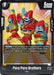 A card from the Dragon Ball Super: Fusion World collection, titled Para Para Brothers [Raging Roar Release Event Cards], showcasing the Battle Cards. It features three blue-skinned, muscular aliens wearing red outfits and performing synchronized dance poses. The card has a power of 5000, with text detailing an "On Play" effect and a "Battle" classification.