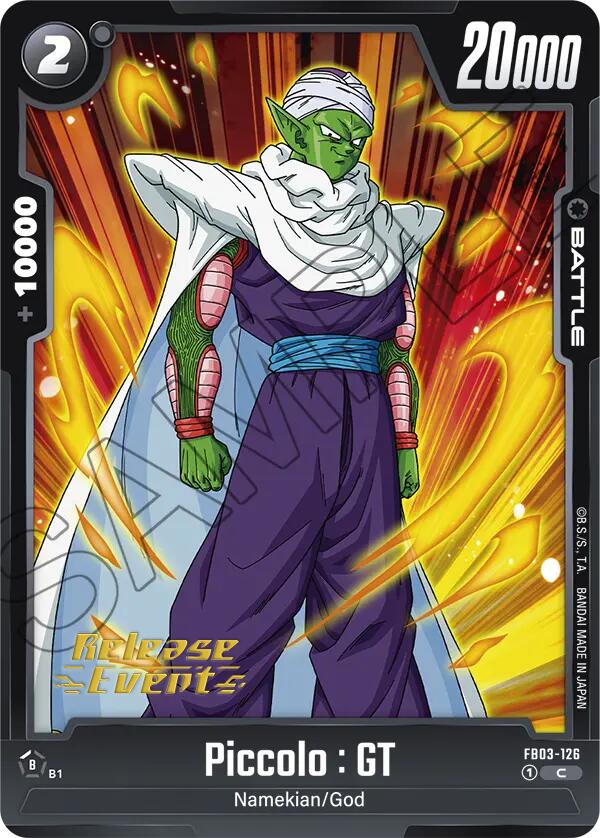 This trading card, part of the Dragon Ball Super: Fusion World's "Raging Roar Release Event Cards" series, features Piccolo GT from Dragon Ball GT. He is depicted with green skin, donning a white turban and cape along with purple attire. The Battle Card highlights a power level of 20,000 and 10,000 in the corner against a fiery orange and yellow background with "Raging Roar Release Event" in gold lettering.