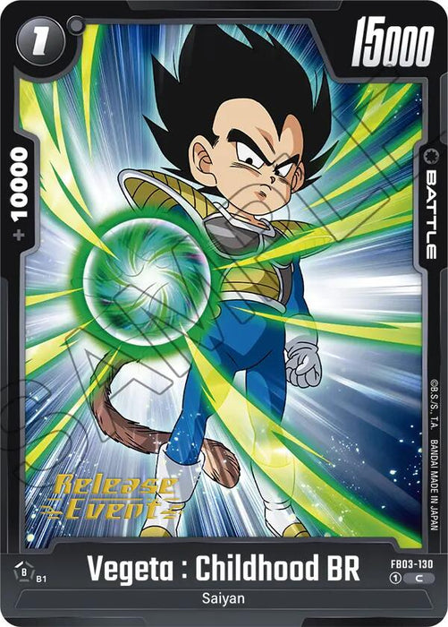 A battle card from the "Raging Roar Release Event Cards" collection, featuring "Vegeta: Childhood BR" from Dragon Ball Super: Fusion World. As a child Saiyan, Vegeta is depicted in battle armor with a stern expression, surrounded by green and blue energy beams. The card boasts 15000 power, 10000 points, and an energy cost of just 1.