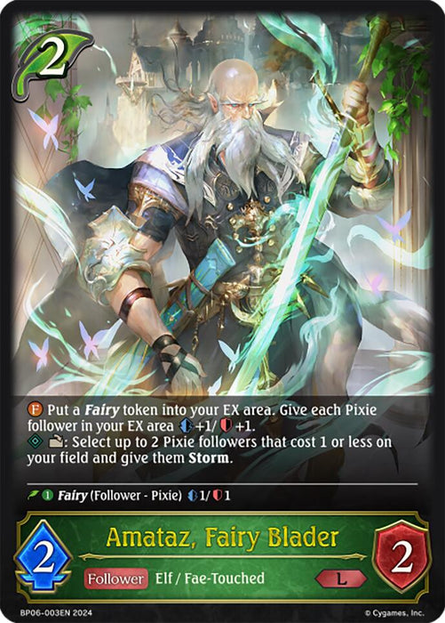 A fantasy-themed playing card from Bushiroad, featuring Amataz, Fairy Blader (BP06-003EN) [Paragons of the Colosseum], showcases a Legendary Elf/Fae-Touched character with 2 attack points and 2 defense points. The card's artwork depicts a bearded elf wielding a glowing green sword, surrounded by pixies. Detailed text outlines the character's abilities and effects in gameplay.