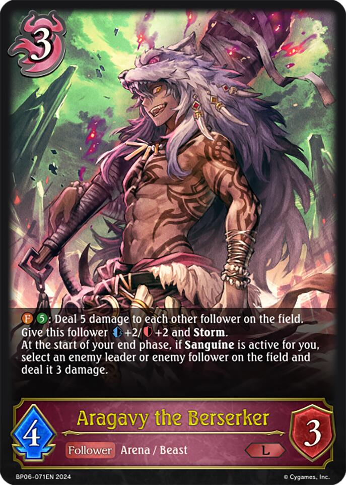 Product Description: Aragavy the Berserker (BP06-071EN) from Paragons of the Colosseum by Bushiroad is a legendary card image featuring a fierce, white-haired warrior wielding a large weapon. Costing 3 mana, this card has 4 attack and 3 defense. Its abilities include dealing 5 damage to other followers, gaining +2/+2 and Storm, and dealing 3 additional damage under certain conditions.