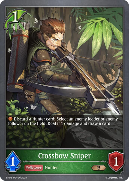 Introducing the "Crossbow Sniper - P04 (Foil) (BP06-P04EN) [Paragons of the Colosseum]" by Bushiroad, a fantasy game card showcasing an elf-like character with spiky hair and pointed ears, crouched in a forest while aiming a crossbow. This card features 1 Attack and 1 Defense with Follower Type and Hunter Class attributes. Abilities include dealing 1 damage and drawing a card, making it perfect for Forestcraft strategy.