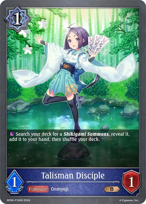 A fantasy card from Bushiroad features a young character in a blue and white robe, standing on a reflective pond surrounded by green foliage. Butterflies flutter near as the Talisman Disciple - P15EN (Foil) (BP06-P15EN), holding a fan decorated with symbols, seeks Shikigami Summons. This card is suitable for Runecraft and Paragons of the Colosseum decks.