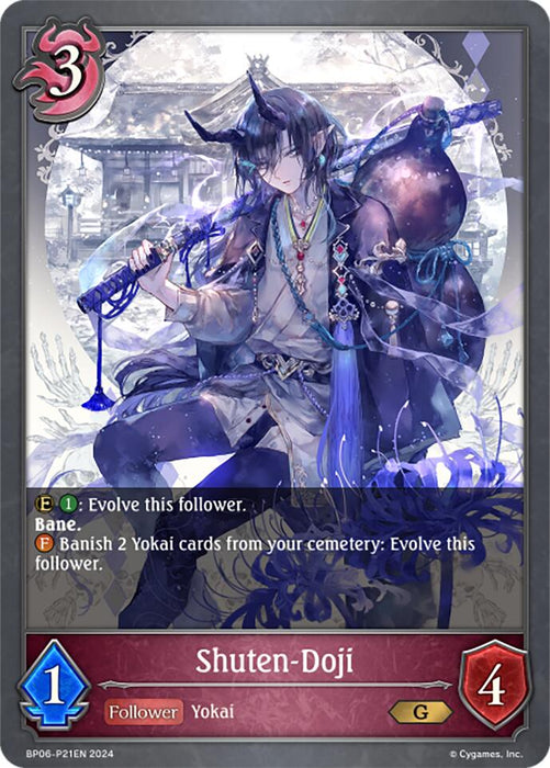 The Shuten-Doji - P21EN (Foil) (BP06-P21EN) [Paragons of the Colosseum] card from Bushiroad's game Shadowverse showcases a detailed, vibrant illustration of the male yokai integral to Abysscraft. He wields a gnarled staff adorned with glowing blue orbs and has distinctive horns. The card features stats of 1 attack and 4 defense, along with special abilities and descriptive text detailing his actions.