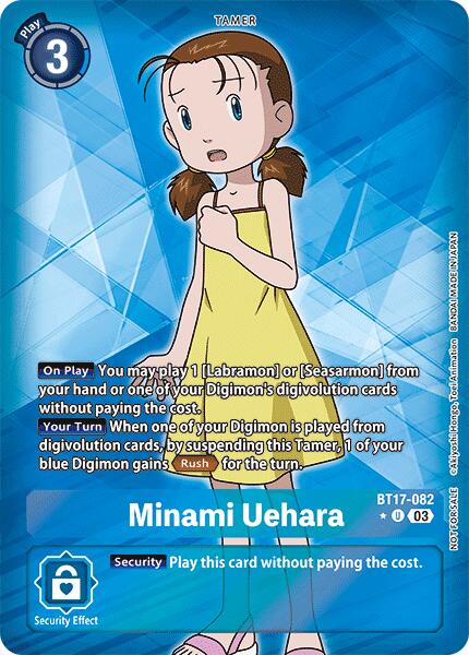 The Digimon card "Minami Uehara [BT17-082] (Box Promotion Pack: Secret Crisis) [Secret Crisis]" features Tamer Minami Uehara against a blue background. She is depicted wearing a sleeveless yellow top and blue pants. The card details her effects, including the ability to play specific Digimon without cost and granting Rush to a blue Digimon. It has a play cost of 3 and is numbered BT17-082.