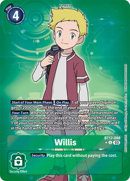 The Digimon card "Willis [BT17-088] (Box Promotion Pack: Secret Crisis)" from the brand Digimon features the character Willis, a Tamer. This card showcases Willis, a blonde boy in a red jacket over a white shirt and dark pants, with a backpack strap on his shoulder. With an ID of BT17-088 and a play cost of 4, this Tamer card enhances Digimon abilities to address any Secret Crisis.