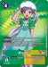 The Rhythm [BT17-089] Digimon card from the Box Promotion Pack: Secret Crisis features a tamer with pink hair and a white headscarf, wearing a teal jacket and white dress. The card has a green background adorned with digital designs, a blue circle with the number "4" on the top left, and text in yellow, white, and red that describes her abilities. This uncommon card is highly sought after for its strategic value.