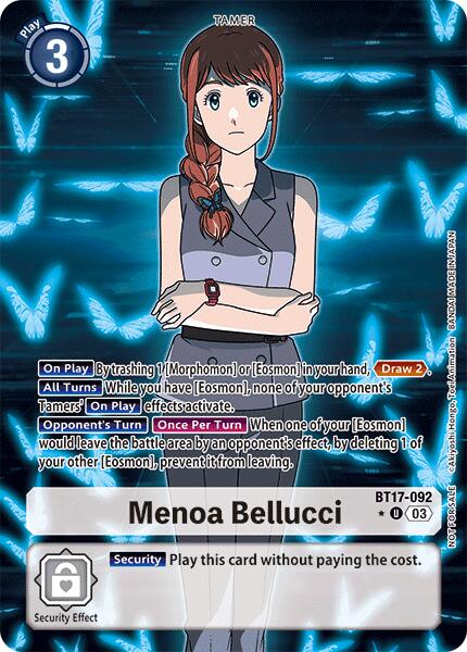 The Digimon card Menoa Bellucci [BT17-092] (Box Promotion Pack: Secret Crisis) [Secret Crisis] presents Menoa Bellucci with long brown hair in a braid, wearing a gray dress with buttons. This Secret Crisis card includes effects such as drawing cards and preventing the opponent's Tamer from leaving the battle area. The card has a cost of 3.