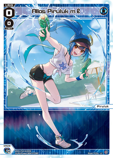 A vibrant illustration of a young woman with blue eyes and long blue hair, tied back with a black and yellow cap, is featured on the Allos Piruluk ml (WXDi-P14-013[EN]) [Fessone Diva] card by TOMY. She is depicted in an action pose, holding water guns in both hands. Wearing a white crop top and black shorts, she stands against a background of blue water swirls and a subtle outdoor park scene. The card is themed with futuristic digital elements, featuring text that reads “All.