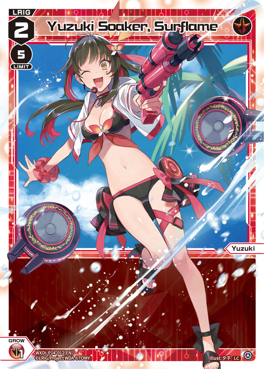 Anime-style card featuring Yuzuki Soaker, a Fessone Diva (WXDi-P14-012[EN]), wearing a bikini and holding a water gun. She stands in an action pose with a determined expression. The background has a red and white color scheme with tech elements. Text on the card says, 