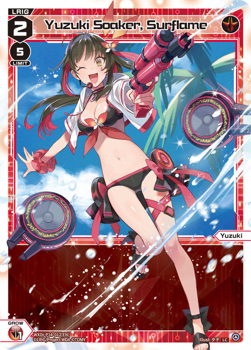 Anime-style card featuring Yuzuki Soaker, a Fessone Diva (WXDi-P14-012[EN]), wearing a bikini and holding a water gun. She stands in an action pose with a determined expression. The background has a red and white color scheme with tech elements. Text on the card says, "Yuzuki Soaker, Surflame" and "Illustr. LRIG 29" on the bottom right. This product is from the TOMY brand.
