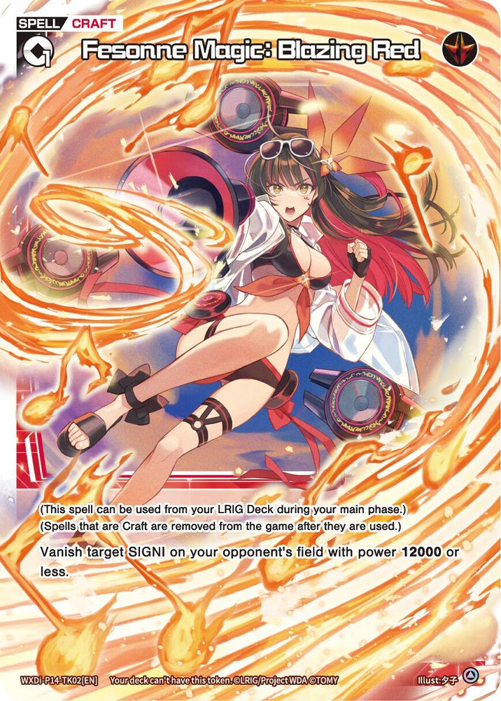 A dynamic SPELL card showcasing a young woman in a red and white outfit with goggles, engulfed by swirling flames and gears. She has dark hair with red accents and is captured striking an action pose. The title at the top reads "Fesonne Magic: Blazing Red (WXDi-P14-TK02[EN]) [Fessone Diva]." The text details the card's abilities and usage for your LRIG Deck, brought to you by TOMY.