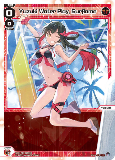 TOMY's anime-style card, Yuzuki Water Play, Surflame (WXDi-P14-010[EN]), is part of the Fessone Diva series. The card features Yuzuki, a young woman with long dark hair tied in red ribbons, wearing a red and black bikini. She stands energetically with one fist raised and the other hand on her hip. The background includes blue and yellow water play elements. LC2024-09-13