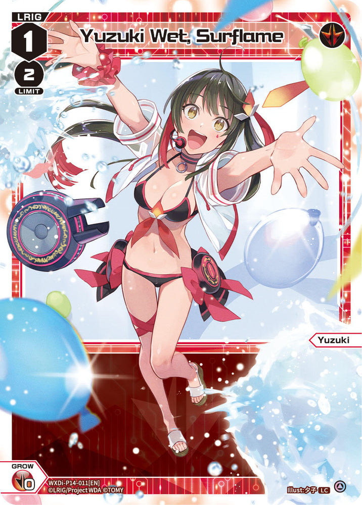 The trading card showcases an anime-style character named Yuzuki Wet, Surflame (WXDi-P14-011[EN]) from the Fessone Diva league. As an LRIG, she strikes a dynamic pose in a red and white swimsuit adorned with coordinating accessories. The vibrant background is filled with water splashes and floating bubbles to enhance the summery vibe. Text and game stats are included on the card, which is produced by TOMY.