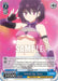 The Bushiroad product "Suited Up, Suzu [Ayakashi Triangle]" is a Super Rare trading card featuring the anime character Suzu, dressed in a purple outfit with matching accessories. The card boasts a blue and pink gradient background, displaying the title "Suited Up, Suzu" along with various game stats. The text box provides detailed gameplay information about her abilities.