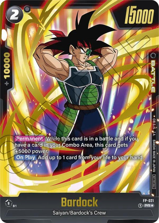 A trading card from the Dragon Ball Super: Fusion World series, Bardock (FP-021) (Gold) [Fusion World Promotion Cards], showcases Bardock in a fierce battle pose with his spiky black hair and green headband. Dynamic, colorful energy waves surround him. The card features "15,000" at the top right corner along with detailed abilities and stats at the bottom.
