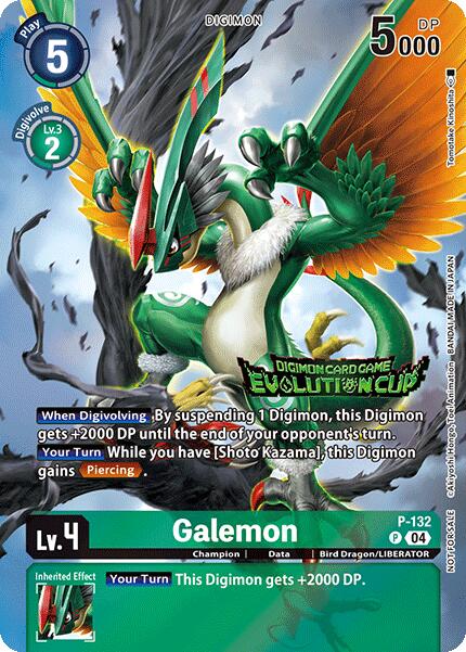 A Digimon promotional card from the 2024 Evolution Cup depicts a dragon-like creature named Galemon [P-132], showcasing green scales, vibrant red and yellow wings, and sharp claws. It is a level 4 Digimon with 5000 DP. The background features a fantasy landscape with a cloudy sky and text detailing its abilities.