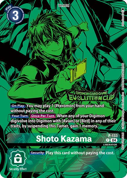 A Digimon Tamer card from the 2024 Evolution Cup promotional series, featuring Shoto Kazama [P-133]. The male anime character with spiky hair is confidently smiling while wearing a shirt and gloves, and holding a Digimon card. The card has green borders and includes details at the bottom: Play Cost (3), ID (P-133), Name (Shoto Kazama), along with special abilities and security effect text.