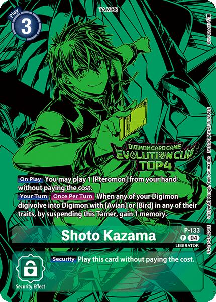 Card image from the Digimon Card Game featuring Tamer character "Shoto Kazama" with anime-style artwork. The promo card is titled "Shoto Kazama [P-133] (2024 Evolution Cup Top 4)" and has attributes: Play Cost (3), Card Number (P-133), Set (04). It includes special abilities detailed in the card text and displays the "2024 Evolution Cup Top 4" mark.