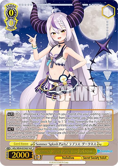 The Summer Splash Party! La+ Darknesss (HOL/WE44-E03HLP HLP) [hololive production Summer Collection Premium Booster] by Bushiroad showcases a female anime character with long white hair, purple animal-like horns, and a dark two-piece beach outfit. She stands on a beach with a cloudy sky and ocean waves in the background. Game details and abilities are displayed, along with the "hololive production" logo and a "SAMPLE" watermark.