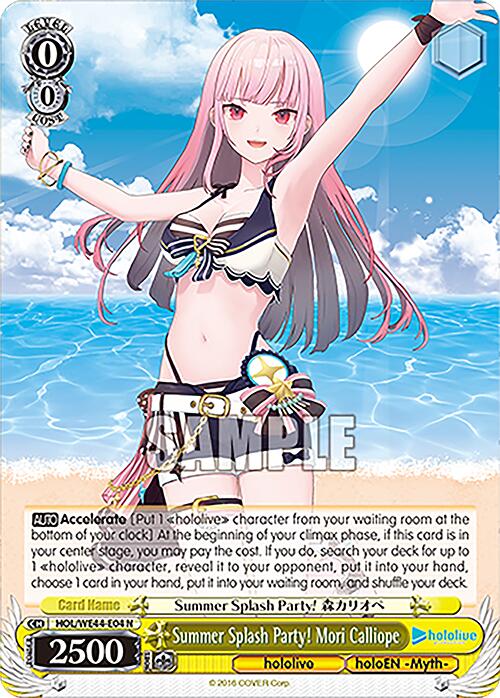 The Summer Splash Party! Mori Calliope (HOL/WE44-E04 N) card from the Bushiroad hololive production Summer Collection Premium Booster features an animated character with long pink hair, a black bikini adorned with frilled edges, and a striped sunhat. Complete with text and stats, this collectible card also includes a yellow box at the bottom displaying "2500" in a white bubble. The background showcases sunny skies and calm waters.