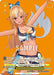 The Bushiroad Summer Splash Party! Shiranui Flare (HOL/WE44-E05SP SP) trading card from the hololive production Summer Collection Premium Booster features an anime-style character with long blonde hair and elf-like ears, dressed in a blue and white frilly bikini. Striking a dynamic pose with one arm raised and sporting a cheerful expression, this vibrant card is embellished with game details and Japanese text.