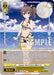 A trading card from the Bushiroad Summer Collection features an illustrated female character in a blue and yellow bikini with a frilled skirt. She has brown hair in a high ponytail and stands on a beach under a moonlit sky. The card, labeled "Summer Splash Party! Natsuiro Matsuri (HOL/WE44-E07HLP HLP) [hololive production Summer Collection Premium Booster]," includes text detailing her stats and abilities.