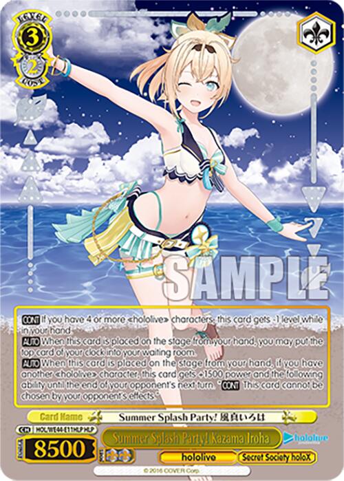 The trading card titled "Summer Splash Party! Kazama Iroha (HOL/WE44-E11HLP HLP)" from Bushiroad features Kazama Iroha of hololive production. The blonde girl is captured winking and posing in a blue and yellow bikini with floral accents. This card is part of the hololive production Summer Collection Premium Booster set, showcasing various stats and abilities, a level 3 icon, a yellow border, and the word "SAMPLE" overlaid on it.