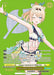 The Summer Splash Party! Kazama Iroha (HOL/WE44-E11SP SP) from the hololive production Summer Collection Premium Booster by Bushiroad features a cheerful anime girl with blonde twin-tails adorned with green and white ribbons. She wears a sailor-themed bikini outfit, smiles while winking, and gestures energetically. The background is green with text detailing her abilities and stats, including an 8500 attack power.