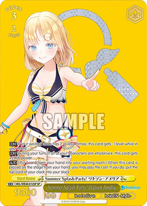 Behold the Summer Splash Party! Watson Amelia (HOL/WE44-E12SP SP) trading card from Bushiroad's hololive production Summer Collection Premium Booster series. This Special Rare card features an illustrated blonde character in a yellow and black bikini, holding a staff adorned with a circular emblem. The gold text on the card reads "LEVEL 3" and "COST 2." The word “SAMPLE” is emblazoned across the center, surrounded by extensive details and stats below, with hololive production logos at the bottom.