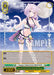 The Summer Splash Party! Nekomata Okayu (HOL/WE44-E15HLP HLP) trading card from the hololive production Summer Collection Premium Booster by Bushiroad features an anime character with cat ears and lavender hair, dressed in a black and pink bikini with a floatation ring. The character is depicted standing in ankle-deep water with an enchanting night sky and ocean waves as the backdrop, while text and game stats cover the bottom half of the card.