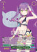 Introducing the Summer Splash Party! Tokoyami Towa (HOL/WE44-E20SP SP) trading card by Bushiroad. This premium card from the hololive production Summer Collection features Tokoyami Towa with her distinctive long purple hair styled in twin tails, wearing a black and white bikini adorned with bows. The background showcases a large, light purple icon of a stylized cat. As a Special Rare card, it also includes detailed text and game stats.