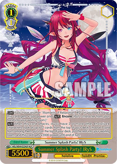 A trading card titled "Summer Splash Party! IRyS (HOL/WE44-E22HLP HLP)" from the "hololive production Summer Collection Premium Booster" by Bushiroad. The card features an anime-style character with long red hair, dressed in a red, white, and blue striped bikini. It showcases various in-game stats and abilities, all set against a beach backdrop with blue sky and ocean waves.