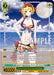 A trading card from the Summer Splash Party! collection, featuring anime-style Kaela Kovalskia in a red and white striped bikini. She has a flower in her hair and is holding sunglasses, set against a charming moonlit beach backdrop. As part of the hololive production Summer Collection Premium Booster by Bushiroad, this card boasts an impressive power level of 10000.