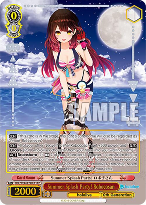 A trading card from Bushiroad's Hololive production Summer Collection Premium Booster set features an animated character with long hair, dressed in a black and white bikini, surrounded by a colorful background. The card, titled "Summer Splash Party! Robocosan" (HOL/WE44-E29HLP HLP), showcases various stats and abilities in English.