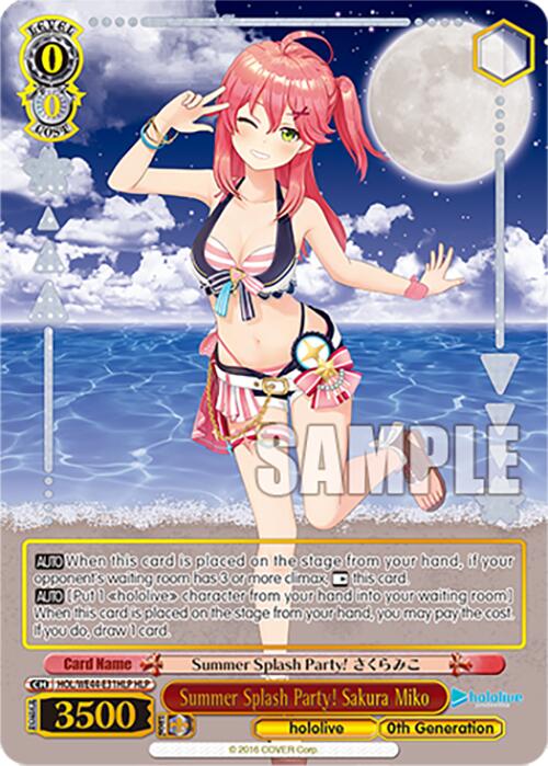 The Bushiroad anime-style trading card labeled "Summer Splash Party! Sakura Miko (HOL/WE44-E31HLP HLP)" from the hololive production Summer Collection Premium Booster set features a pink-haired girl in a floral bikini, winking and forming a peace sign with her hand. The backdrop shows a tropical beach at sunset with palm trees and water, and the card includes game text and stats.