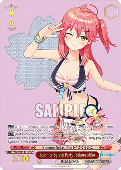 A trading card featuring a character with long pink hair styled in twin tails, wearing a black and white bikini adorned with pink and blue bows. She is winking and holding up a peace sign. Text at the bottom reads "Summer Splash Party! Sakura Miko (HOL/WE44-E31SP SP)" from the hololive production Summer Collection Premium Booster by Bushiroad, Special Rare 0th Generation series.