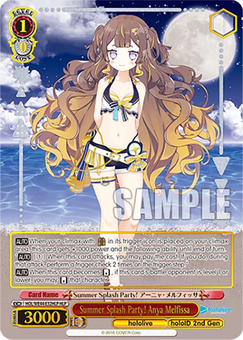 This card from the game "Weiss Schwarz" features Anya Melfissa, and is part of the hololive production Summer Collection Premium Booster. Titled "Summer Splash Party! Anya Melfissa (HOL/WE44-E32HLP HLP)", it showcases Anya with long, wavy brown hair, dressed in a yellow and blue bikini adorned with a bow. The card is bordered in yellow and includes icons and text detailing abilities and stats, including a power level of 3000. This product is brought to you by Bushiroad.