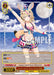 Introducing the Summer Splash Party! Omaru Polka (HOL/WE44-E35HLP HLP) trading card from Bushiroad's hololive production Summer Collection Premium Booster series. This card features an anime-style character with adorable animal ears and a tail, dressed in a vibrant summer bikini, posing happily under a bright sky dotted with clouds. As part of the 5th Generation collection, it sports detailed game stats and text descriptions, along with the "SAMPLE" watermark over the image.