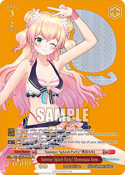 The "Summer Splash Party! Momosuzu Nene (HOL/WE44-E37SP SP)" trading card from the hololive production Summer Collection Premium Booster by Bushiroad features an anime-style illustration of a cheerful blonde girl with long, wavy hair in twin ponytails adorned with blue flowers. She is posing with a peace sign near her face and wears a bikini top with a frilled edge. The card includes game details and stats.