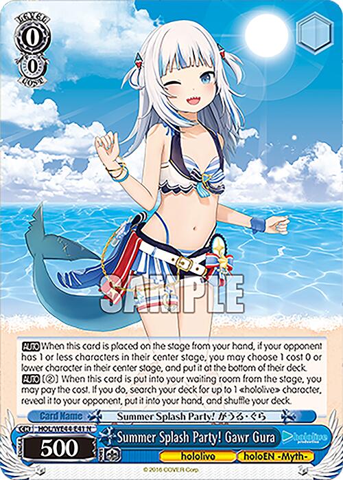 The "Summer Splash Party! Gawr Gura (HOL/WE44-E41 N)" trading card from the Bushiroad brand's hololive production Summer Collection Premium Booster features Gawr Gura from holoEN -Myth-. The character is depicted with white hair and blue eyes, wearing a blue swimsuit with a shark tail accessory. She's winking and making a V-sign against a backdrop of water and bubbles. The card also includes various stats and text overlaid.
