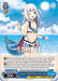 The "Summer Splash Party! Gawr Gura (HOL/WE44-E41 N)" trading card from the Bushiroad brand's hololive production Summer Collection Premium Booster features Gawr Gura from holoEN -Myth-. The character is depicted with white hair and blue eyes, wearing a blue swimsuit with a shark tail accessory. She's winking and making a V-sign against a backdrop of water and bubbles. The card also includes various stats and text overlaid.
