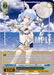 The Summer Splash Party! Usada Pekora trading card (HOL/WE44-E43HLP HLP) from the hololive production Summer Collection Premium Booster by Bushiroad features an anime-style girl with long, braided blue hair and bunny ears. She's dressed in a frilly bikini with a carrot motif. The card includes text attributes such as her name, "Usada Pekora," and stats like "4500 Power." The background depicts a moonlit beach with sparkling water.