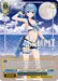 A card from the Bushiroad brand, featuring an anime-style character with long blue hair dressed in a two-piece blue and white swimsuit, against a scenic beach backdrop with calm ocean waves and a star-filled sky. It is part of the "Summer Collection Premium Booster" and showcases "Summer Splash Party! Hoshimachi Suisei (HOL/WE44-E44HLP HLP)" complete with various game stats.