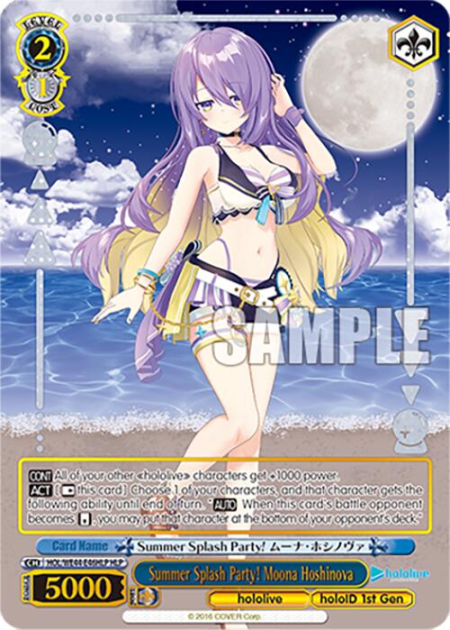 The "Summer Splash Party! Moona Hoshinova (HOL/WE44-E46HLP HLP) [hololive production Summer Collection Premium Booster]" card by Bushiroad features an anime-style illustration of a character with long purple hair, confidently standing in a black and white bikini with one hand on her hip. The backdrop showcases a moonlit beach, while the card text and stats are positioned at the bottom, highlighting "Summer Splash Party! Moona Hoshinova.